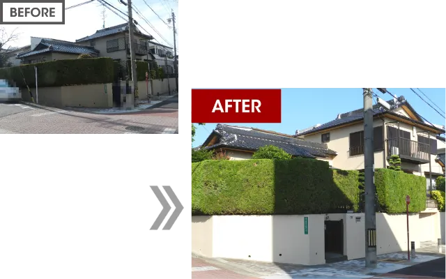 水性シリコンで塗装した建物外壁とフッ素で塗装した塀