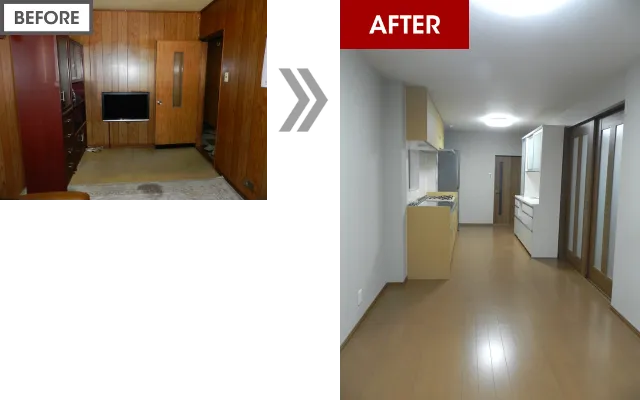 TV背面の壁を撤去して広く明るくなったLDの施工前後