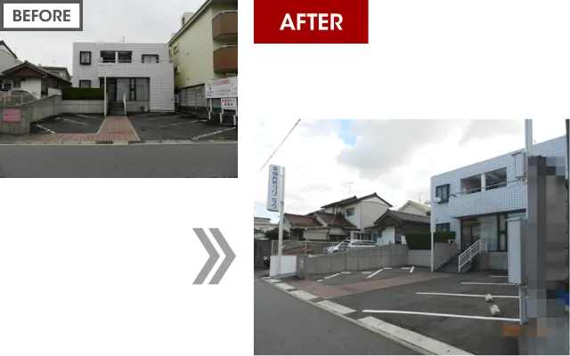 部分的に陥没し水がたまっていた地面に水勾配をとって水はけを改善した施工前後の比較