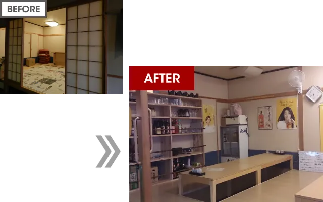 居抜き物件を改装した店舗内の客席まわりの様子