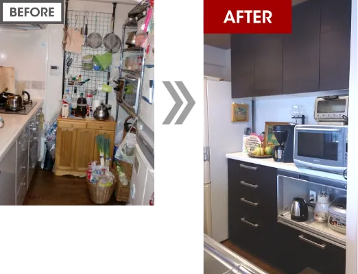 施工前後の家電収納の比較。キッチン扉とお揃いの仕上げにした使い勝手のよい家電収納