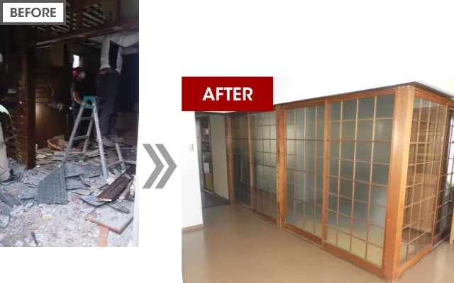 間仕切りとしてそのまま活用した昔懐かしい型ガラスの建具