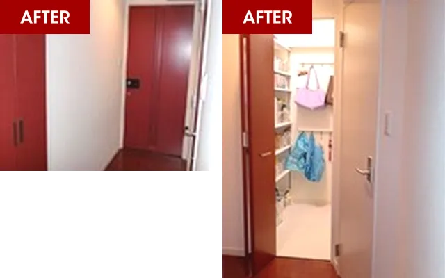クローゼットの折り戸を再利用して扉を付けたパントリー