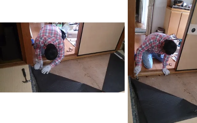 畳をめくって敷居のきしみを補修する大工の作業