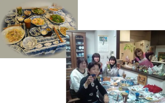 完成したダイニングに料理が並んだ様子。リフォーム後の居酒屋ダイニングで過ごすひととき
