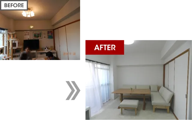 ナチュラルな家具を配置した完成後のお部屋
