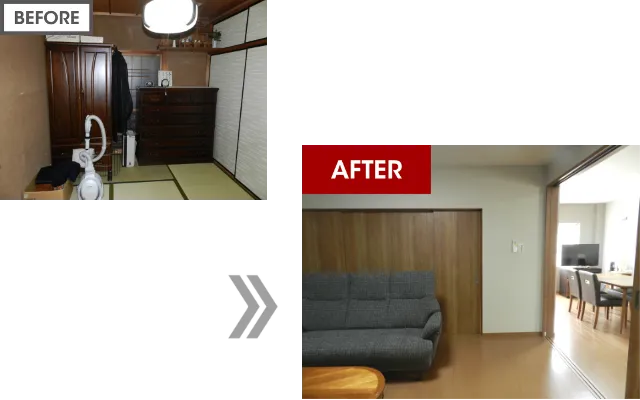使われていなかった台所横の和室を、引き込み戸でDKとつながるリビングに変更した施工前後